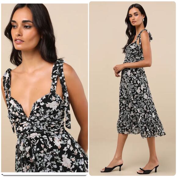 Lulus Dress Lush Loveliness Floral Midi Tie Strap Black Blue Pink S NWOT NEW - Picture 5 of 10